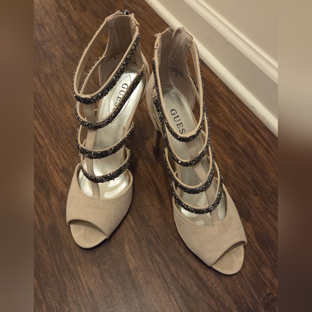 Guess Beige and Black Strappy Heels